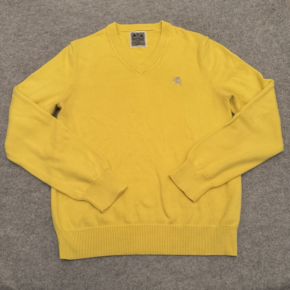 Express Men's V-Neck Pullover Sweater Lion Logo Preppy Cotton Knit Yellow Size S